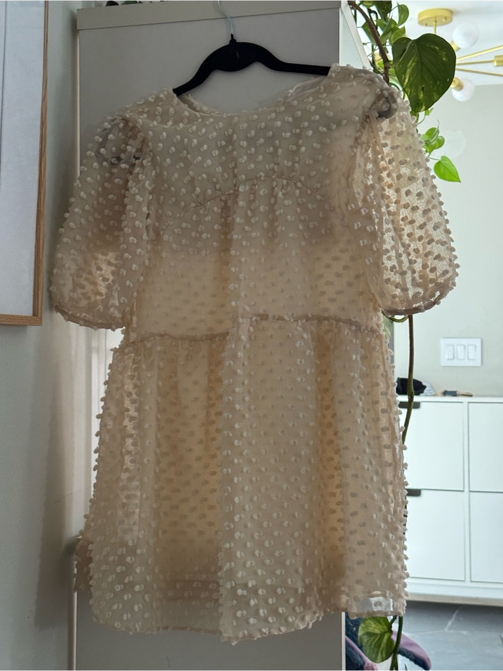 Zara Cream Swiss Dot Puff Sleeve Dress - Ivory